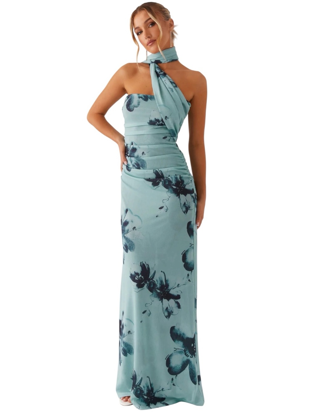 PEPPERMAYO SONGBIRD BLUE BLACK FLORAL STRAPLESS TIE AROUND SCARF MAXI DRESS